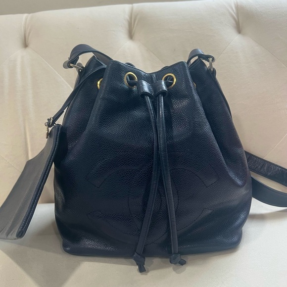 Handbags - Vintage Chanel Caviar Navy Blue 24k Gold plated hardware Drawstring Bucket Bag